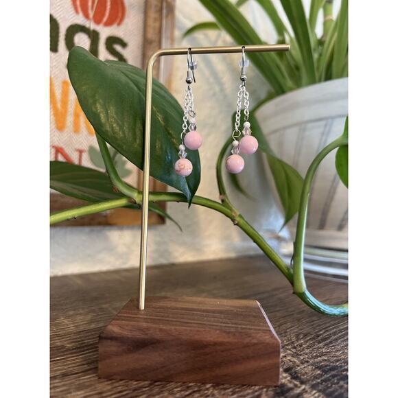 Faux Pink Turquoise & Crystal Beaded Dangle Earrings, Silver Tone  NEW - Picture 6 of 7